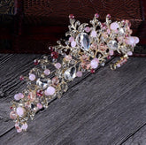 Brides Hair Jewelry Baroque Handmade Beaded Pink Gold Color Crowns - Acapparelstore